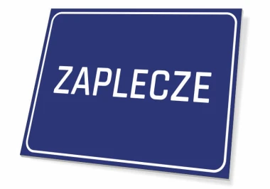 Tabliczka Zaplecze - Wzór graficzny. Prosta, prostokątna tabliczka z białym napisem na niebieskim tle