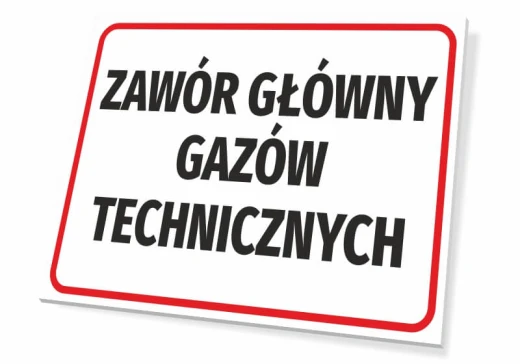 Tabliczka BHP z czerwonym obramowaniem i czarnym napisem Zawór główny gazów technicznych na białym tle