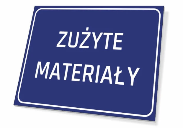 Tabliczka Zużyte materiały - Wzór graficzny. Prosta, prostokątna tabliczka z niebieskim tłem i białym tekstem