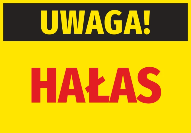 Naklejka Uwaga Hałas - Wzór graficzny. Żółte tło z czarnym napisem Uwaga i czerwonym HAŁAS