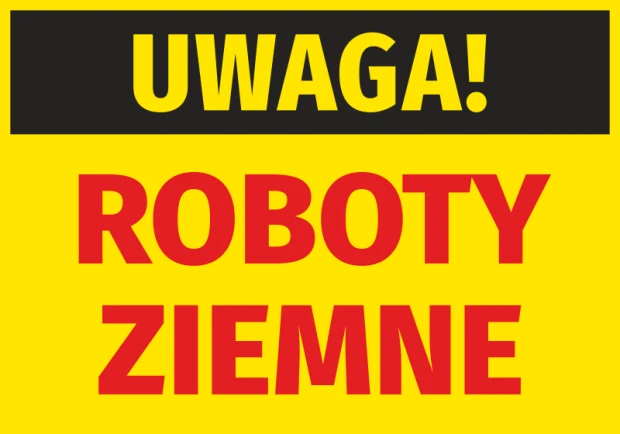 Żółta naklejka ostrzegawcza BHP z czarnym pasem i napisem UWAGA! ROBOTY ZIEMNE na plac budowy
