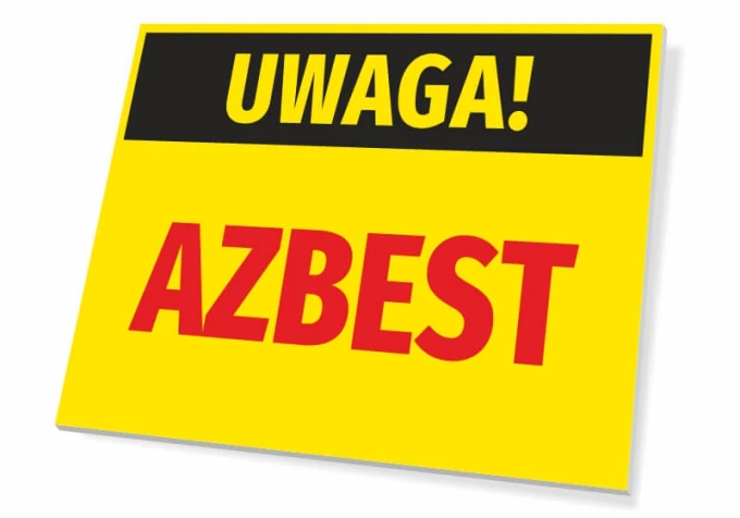Tabliczka Uwaga Azbest - Wzór graficzny. Prostokątna tabliczka z czarnym napisem Uwaga na żółtym tle i dużymi literami