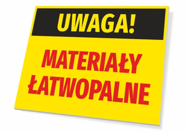 Tabliczka Uwaga Materiały łatwopalne - Wzór graficzny. Prostokątna tabliczka z czarnym tłem i dużymi, czerwonymi literami