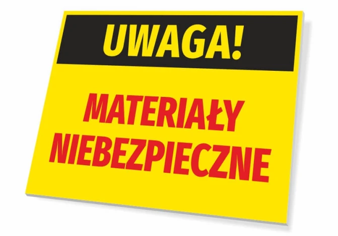 Tabliczka Uwaga Materiały niebezpieczne - Wzór graficzny. Żółte tło, czarny napis UWAGA! i czerwony napis MATERIAŁY