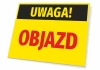 Tabliczka Uwaga Objazd - Wzór graficzny. Prostokątna tabliczka z żółtym tłem, czarnym napisem UWAGA! i czerwonym OBJAZD