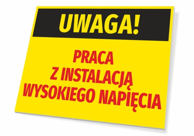 Tabliczka Uwaga Praca z instalacją wysokiego napięcia - Wzór graficzny. Prostokątna tabliczka z żółtym tłem, czarnym napisem