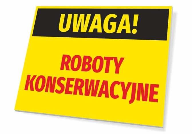 Tabliczka Uwaga Roboty konserwacyjne - Wzór graficzny. Prostokątna tabliczka z żółtym tłem, czarnym napisem i czerwonymi