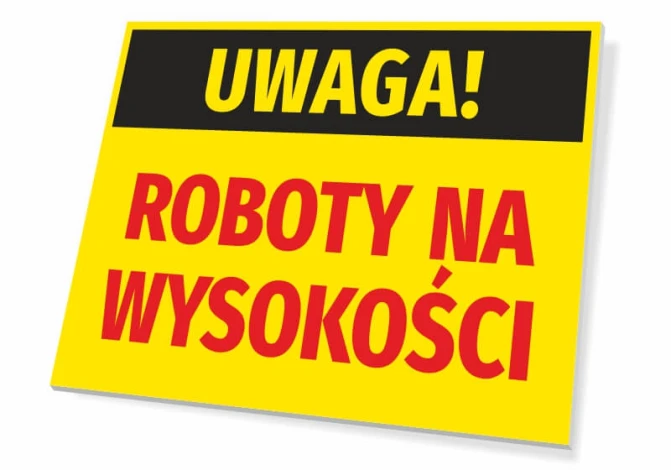 Tabliczka Uwaga Roboty na wysokości T366 - Wzór graficzny. Żółte tło z czarnym napisem Uwaga i czerwonym tekstem Roboty