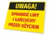 Tabliczka Uwaga Sprawdź liny i łańcuchy przed użyciem - Wzór graficzny. Prostokątna tabliczka z żółtym tłem i czarnym