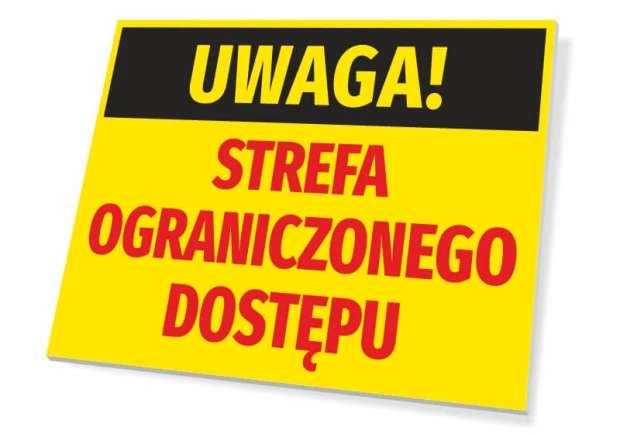 Żółto-czarna tabliczka ostrzegawcza BHP z czerwonym napisem UWAGA! STREFA OGRANICZONEGO DOSTĘPU na białym tle