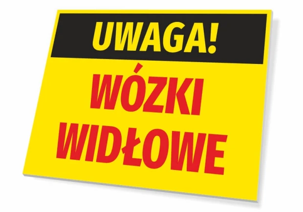 Żółta tabliczka ostrzegawcza BHP z czarnym pasem i czerwonym napisem UWAGA! WÓZKI WIDŁOWE na białym tle