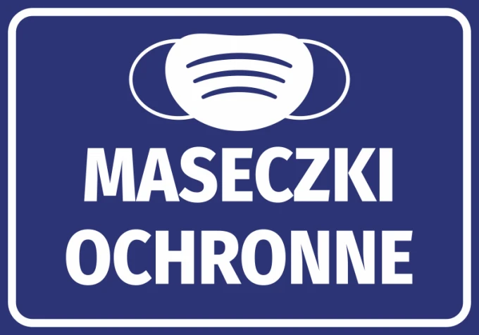 Naklejka Maseczki ochronne - Wzór graficzny. Grafika przedstawia białą maseczkę na niebieskim tle z napisem MASECZKI