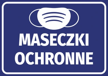 Naklejka Maseczki ochronne - Wzór graficzny. Grafika przedstawia białą maseczkę na niebieskim tle z napisem MASECZKI