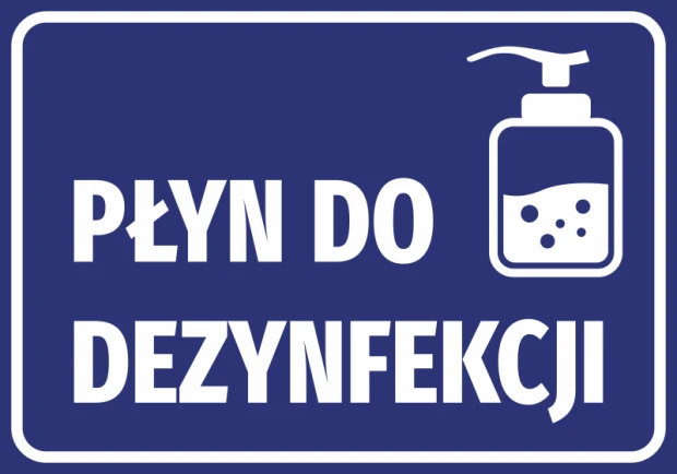Naklejka z wyraźnym napisem Płyn do dezynfekcji, idealna do nowoczesnego biura lub przestrzeni roboc