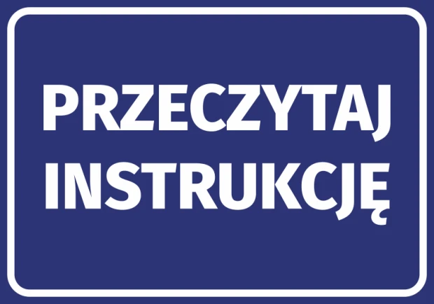 Niebieska naklejka BHP nakazu z białym napisem Przeczytaj instrukcję, przedstawiona na białym tle