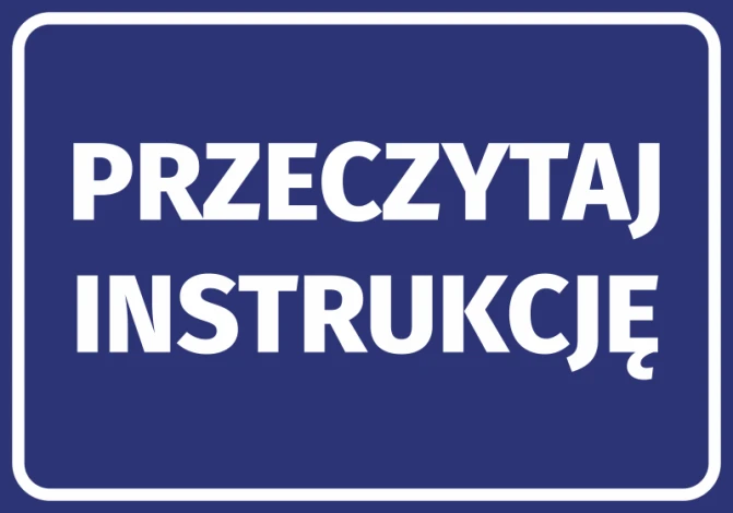 Naklejka Przeczytaj instrukcję - Wzór graficzny. Niebieskie tło z białym napisem w dużych literach