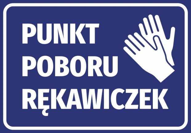 Niebieska naklejka BHP Punkt poboru rękawiczek z białym piktogramem dłoni w rękawicach ochronnych na białym tle