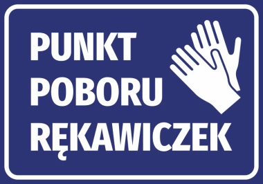 Naklejka Punkt poboru rękawiczek - Wzór graficzny. Niebieskie tło z białym napisem i ikoną dwóch dłoni