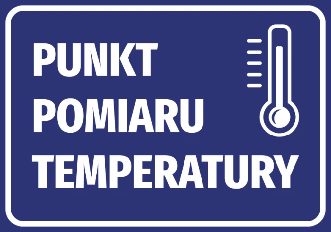 Naklejka Punkt pomiaru temperatury - Wzór graficzny. Prosty prostokąt z białym napisem na niebieskim tle i ikoną termometru