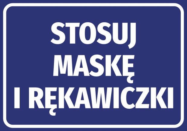 Niebieska naklejka BHP nakazu z białym napisem Stosuj maskę i rękawiczki, przedstawiona na białym tle