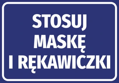 Naklejka Stosuj maskę i rękawiczki - Wzór graficzny. Niebieskie tło z białym tekstem w dużych literach