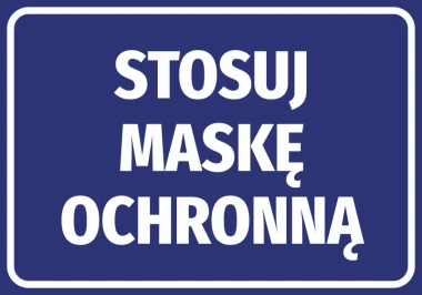 Naklejka Stosuj maskę ochronną - Wzór graficzny. Niebieskie tło z białym tekstem w dużych literach