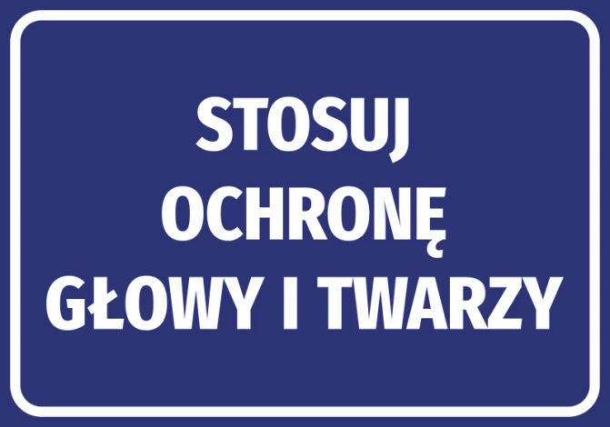 Naklejka Stosuj ochronę głowy i twarzy - Wzór graficzny. Niebieskie tło z białym tekstem w dużych literach