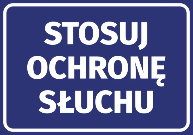 Naklejka Stosuj ochronę słuchu - Wzór graficzny. Na niebieskim tle białe, duże litery z napisem