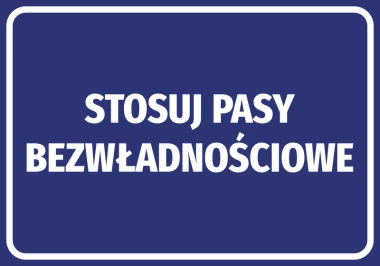 Naklejka Stosuj pasy bezwładnościowe - Wzór graficzny. Prosty, prostokątny kształt z białym tekstem na ciemnym tle