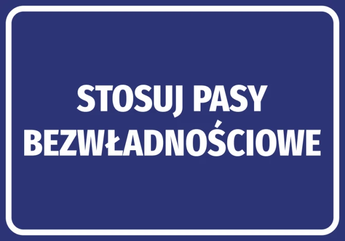 Naklejka Stosuj pasy bezwładnościowe - Wzór graficzny. Prosty, prostokątny kształt z białym tekstem na ciemnym tle