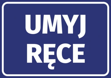 Naklejka Umyj ręce - Wzór graficzny. Niebieskie tło z białym napisem UMYJ RĘCE w dużych literach