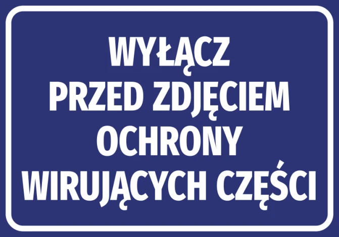 Naklejka Wyłącz przed zdjęciem ochrony wirujących części - Wzór graficzny. Prosty prostokąt z niebieskim tłem i białym