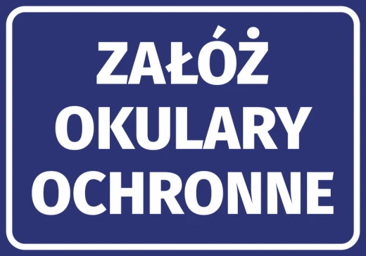 Niebieska naklejka BHP nakazu z białym napisem Załóż okulary ochronne, przedstawiona na białym tle
