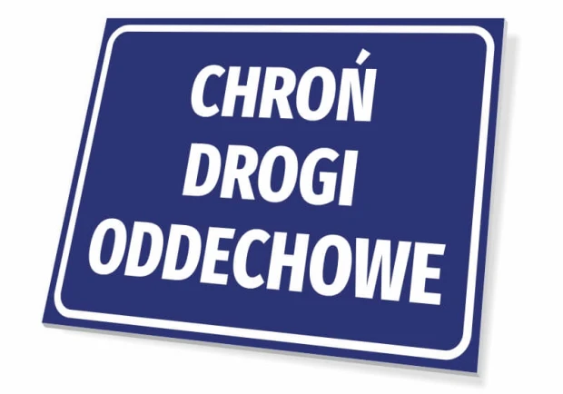 Tabliczka Chroń drogi oddechowe - Wzór graficzny. Prosty prostokąt w niebieskim tle z białym tekstem