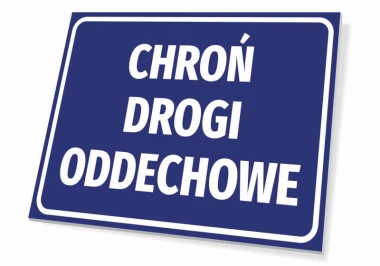 Tabliczka Chroń drogi oddechowe - Wzór graficzny. Prosty prostokąt w niebieskim tle z białym tekstem