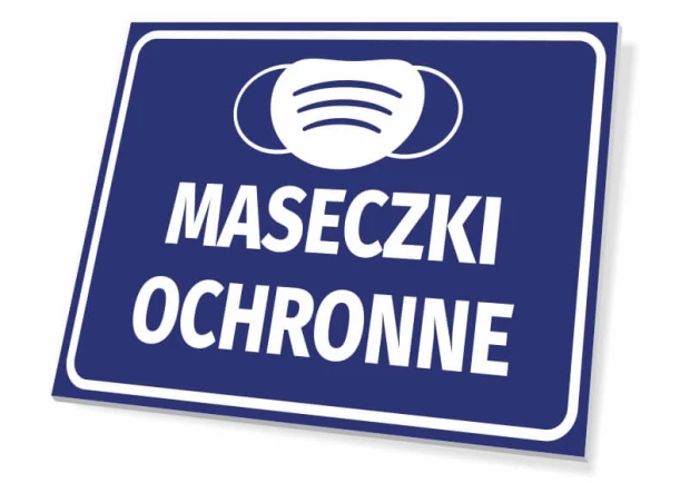 Tabliczka Maseczki ochronne - Wzór graficzny. Na niebieskim tle biała grafika maseczki oraz duży napis MASECZKI OCHRONNE