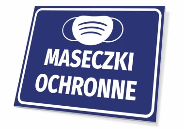 Tabliczka Maseczki ochronne - Wzór graficzny. Na niebieskim tle biała grafika maseczki oraz duży napis MASECZKI OCHRONNE