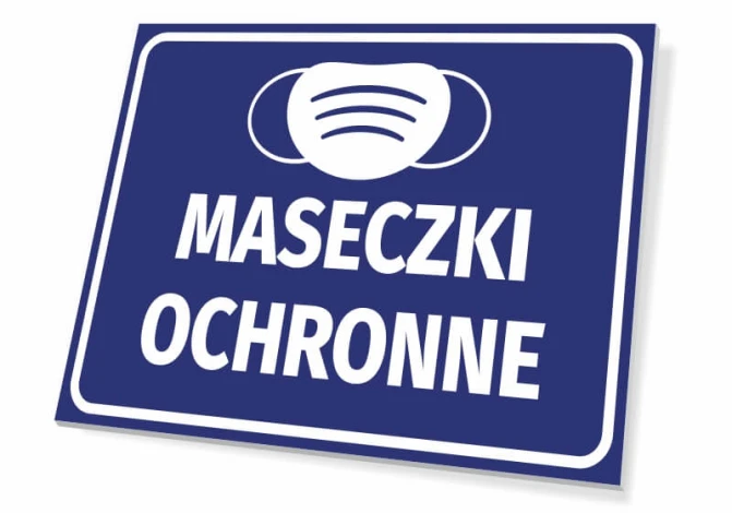 Tabliczka Maseczki ochronne - Wzór graficzny. Na niebieskim tle biała grafika maseczki oraz duży napis MASECZKI OCHRONNE