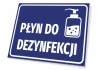 Tabliczka Płyn do dezynfekcji T415 - Wzór graficzny. Prostokątna tabliczka z niebieskim tłem, białym napisem i ikoną butelki
