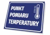 Tabliczka Punkt pomiaru temperatury - Wzór graficzny. Niebieskie tło z białym napisem i symbolem termometru