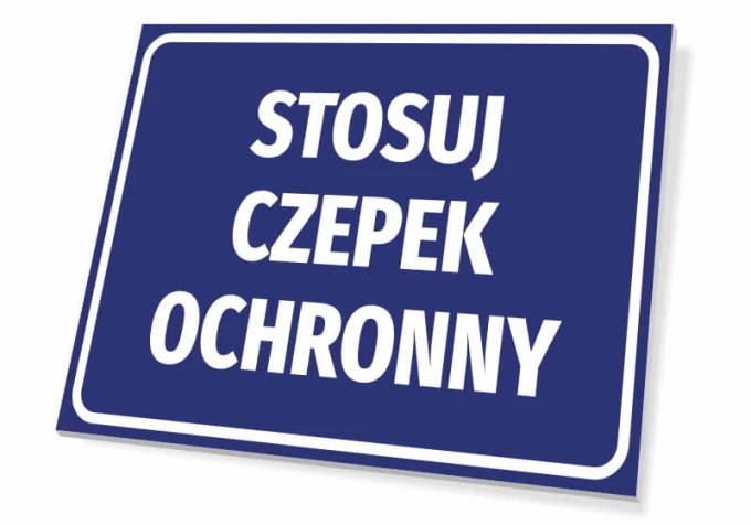 Tabliczka Stosuj czepek ochronny - Wzór graficzny. Niebieskie tło z białym tekstem w dużej czcionce