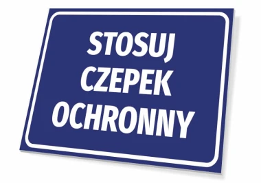 Tabliczka Stosuj czepek ochronny - Wzór graficzny. Niebieskie tło z białym tekstem w dużej czcionce