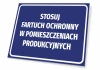 Tabliczka Stosuj fartuch ochronny w pomieszczeniach produkcyjnych - Wzór graficzny. Prostokątna tabliczka z niebieskim tłem