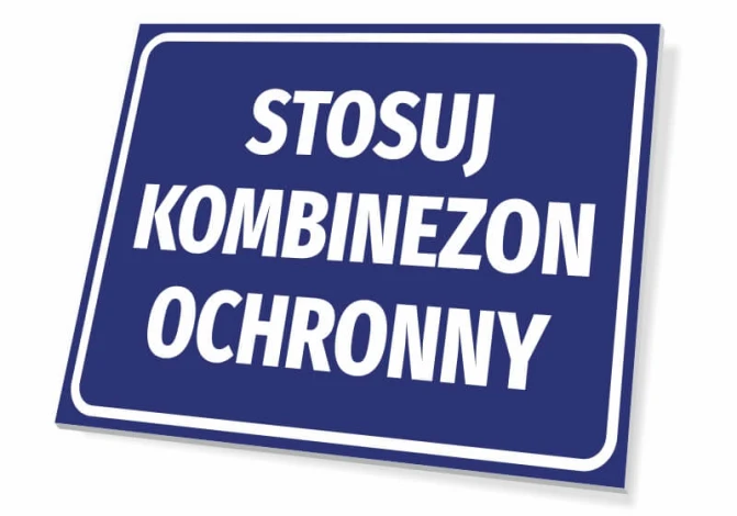 Tabliczka Stosuj kombinezon ochronny - Wzór graficzny. Prostokątna tabliczka z niebieskim tłem i białym tekstem