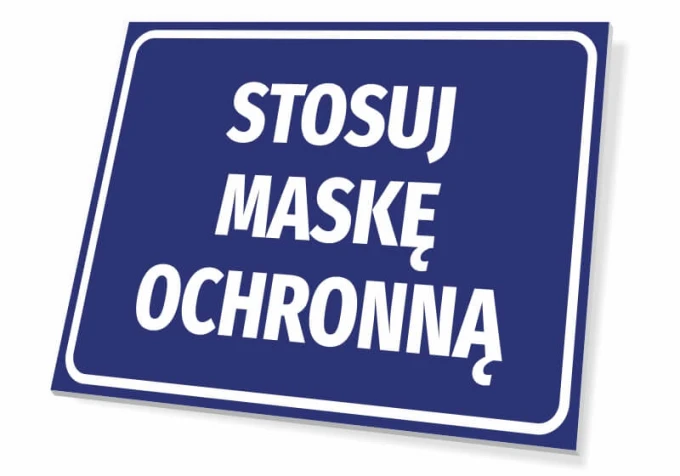 Tabliczka Stosuj maskę ochronną - Wzór graficzny. Niebieskie tło z białym tekstem w dużych literach