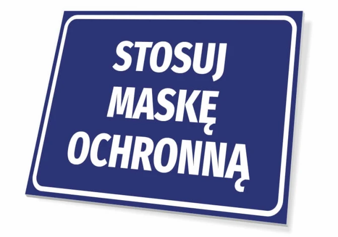 Tabliczka Stosuj maskę ochronną - Wzór graficzny. Niebieskie tło z białym tekstem w dużych literach
