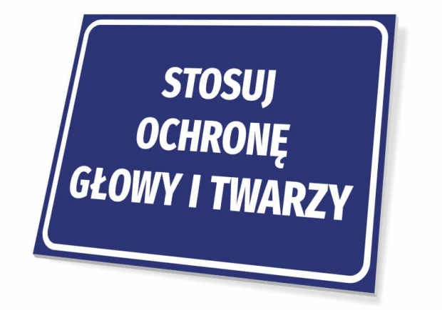 Tabliczka Stosuj ochronę głowy i twarzy - Wzór graficzny. Niebieskie tło z białym tekstem w dużej czcionce