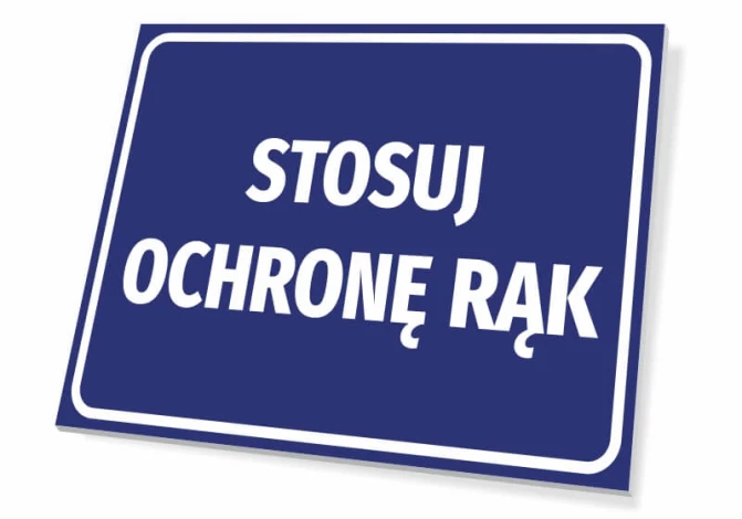 Tabliczka Stosuj ochronę rąk - Wzór graficzny. Prostokątna tabliczka z niebieskim tłem i białym tekstem