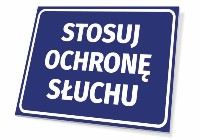 Tabliczka Stosuj ochronę słuchu - Wzór graficzny. Prosta, prostokątna tabliczka z niebieskim tłem i białym tekstem