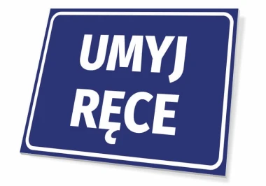 Tabliczka Umyj ręce - Wzór graficzny. Prosta, prostokątna tabliczka z białym napisem na niebieskim tle